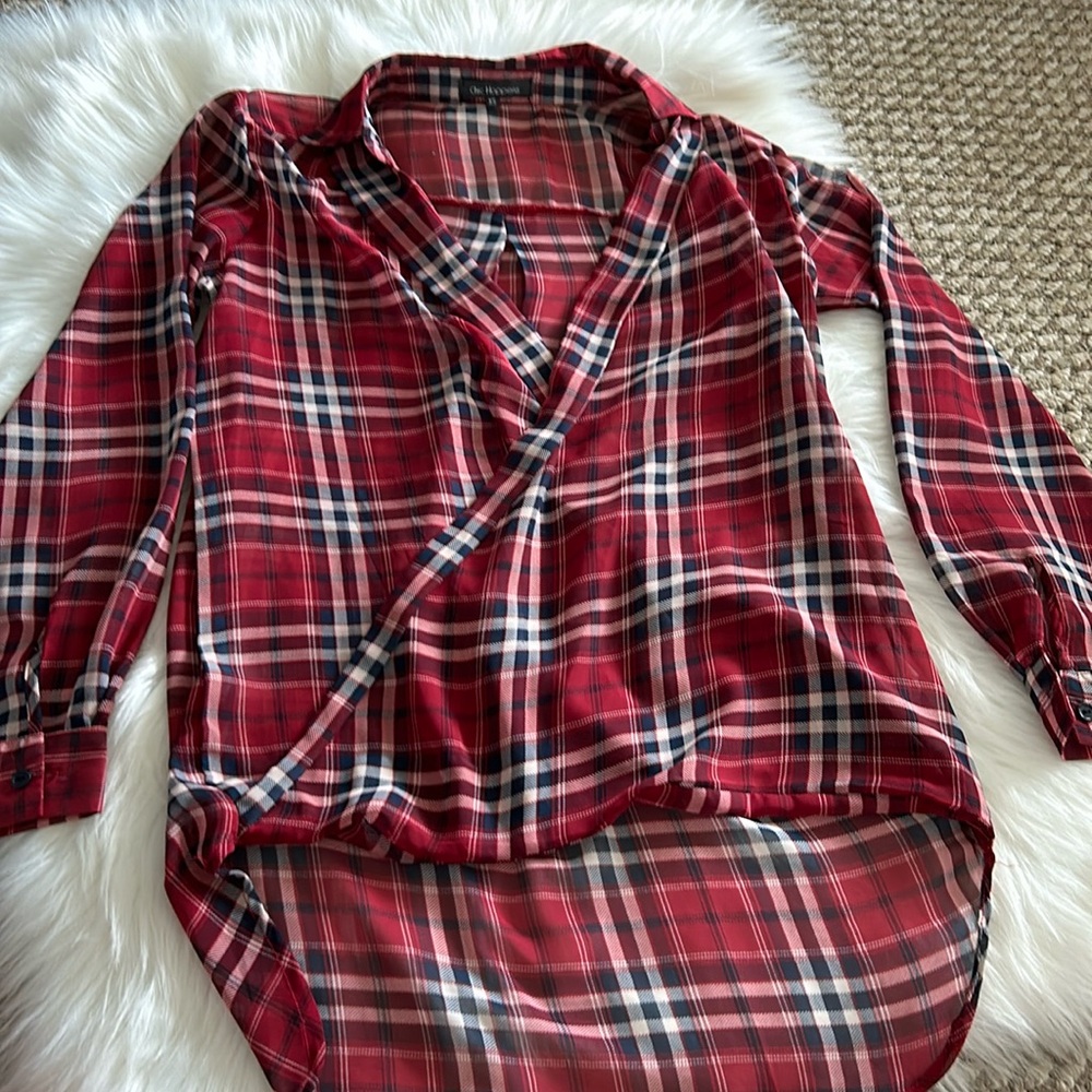 Red Plaid Crossover Long Sleeve Blouse Shirt